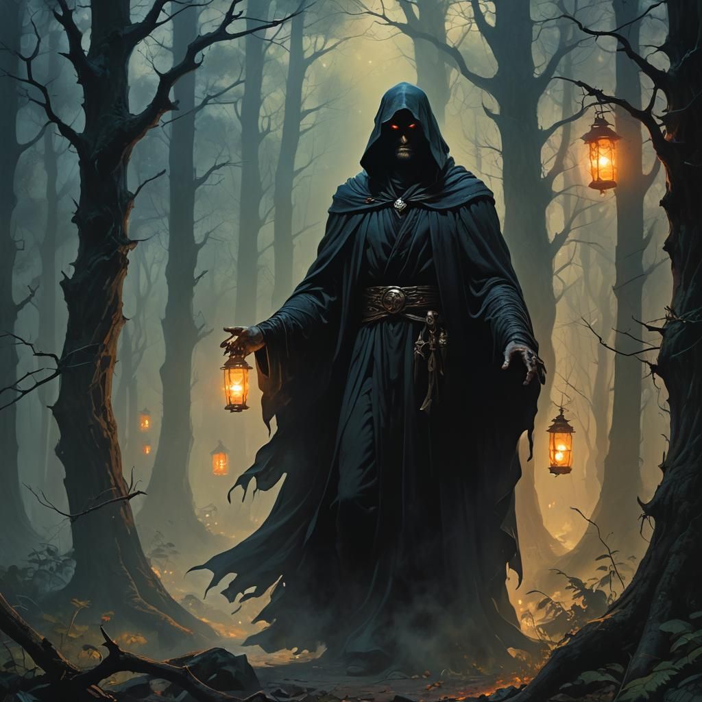 Imposing Figure in Misty Forest, Dark Fantasy Art