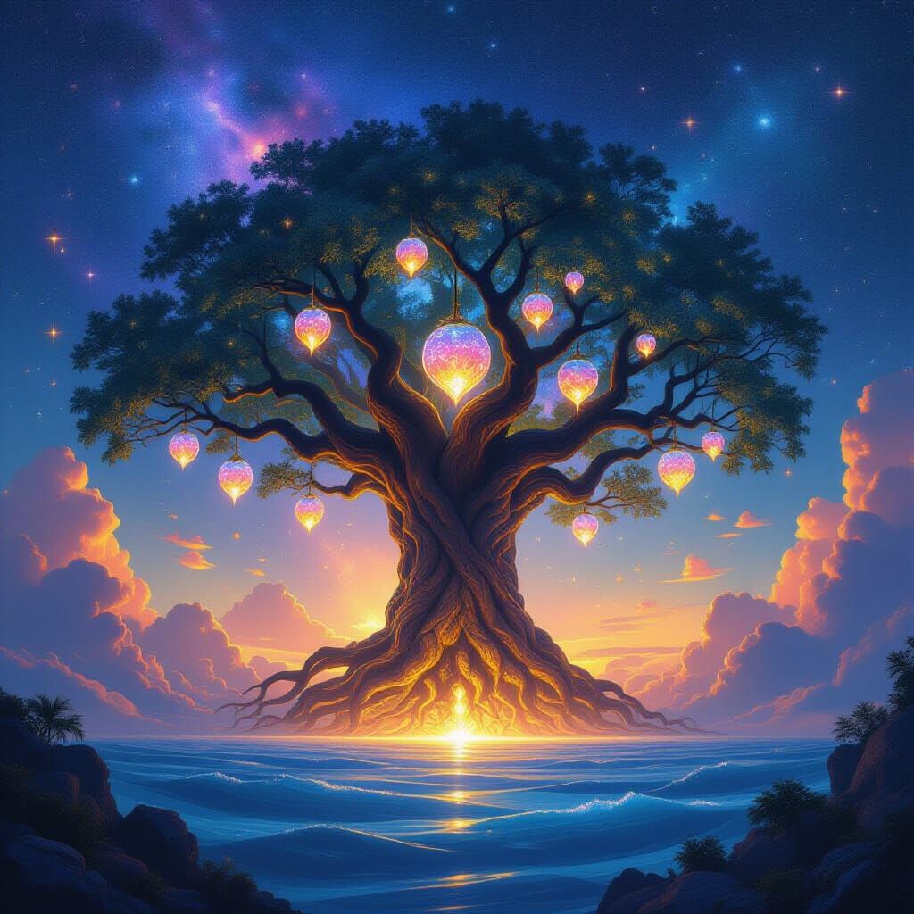 Ancient Cosmic Tree with Crystal Fruits in Nebula Sky