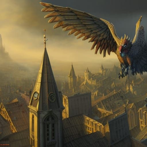 Gryphon Over Medieval City: Epic Digital Art
