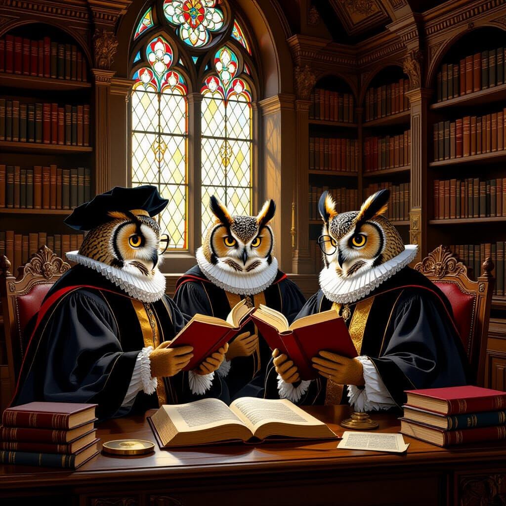 Owls in a Library, in the Style of Rembrandt