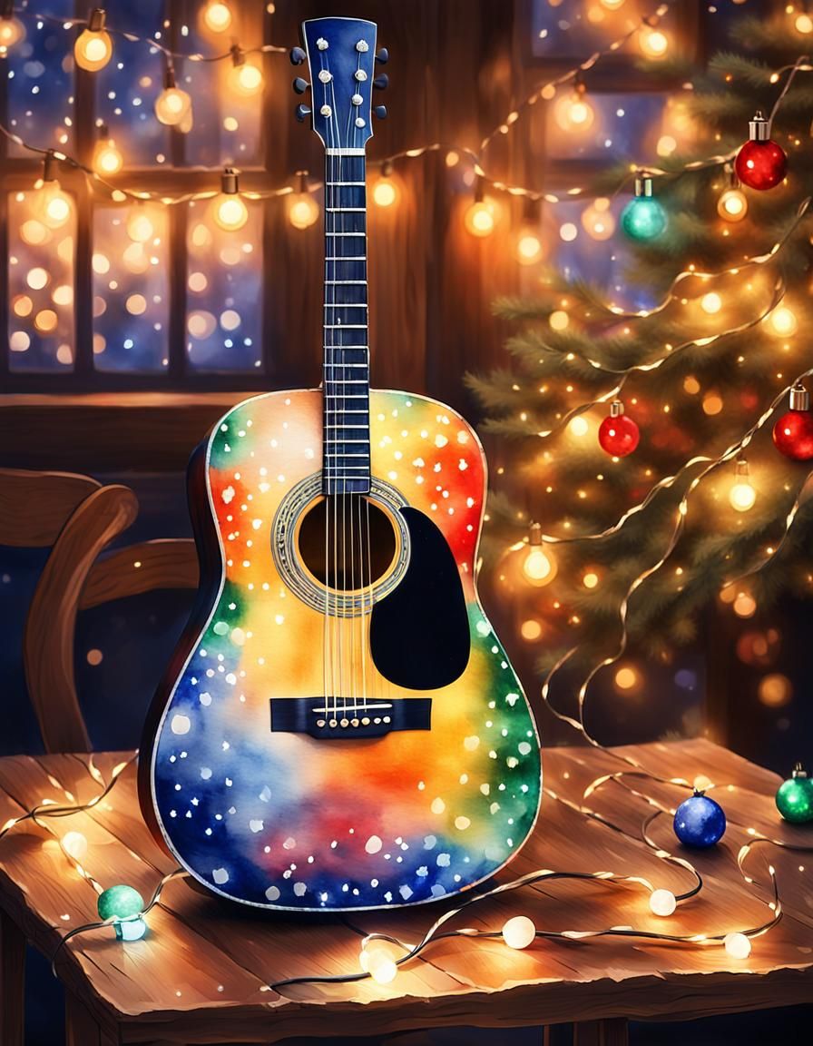 Christmas Guitar in Watercolor as Impressionist Art