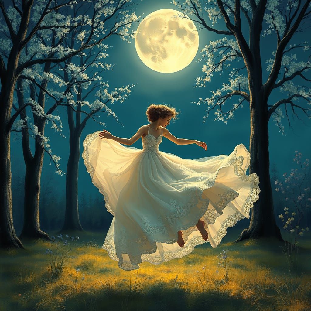 Ethereal Woman Dances Under Full Moon