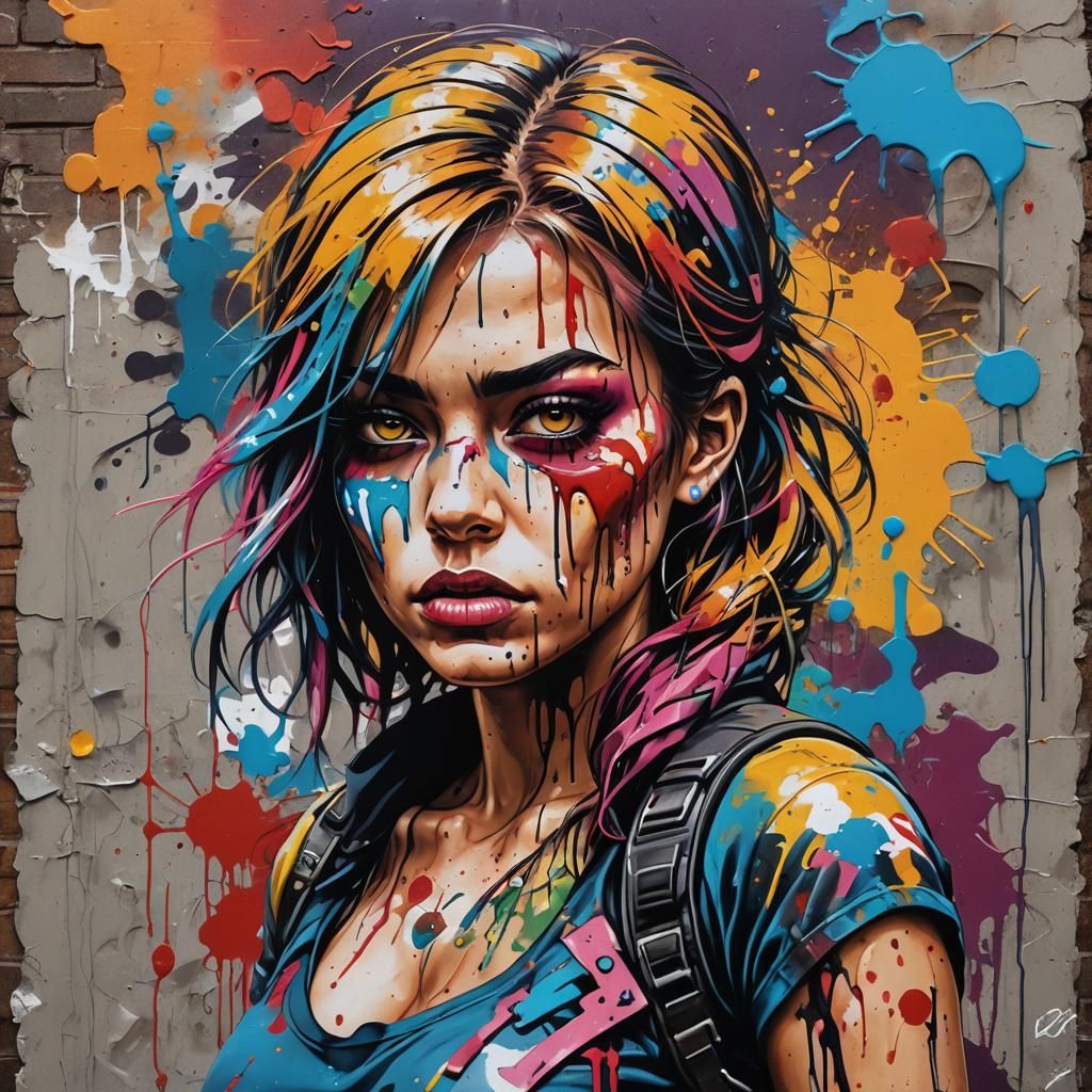 Retro Warrior Girl in Graffiti Street Art