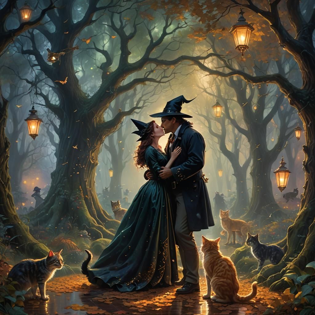 Romantic Forest Kiss in Ethereal Fantasy Style