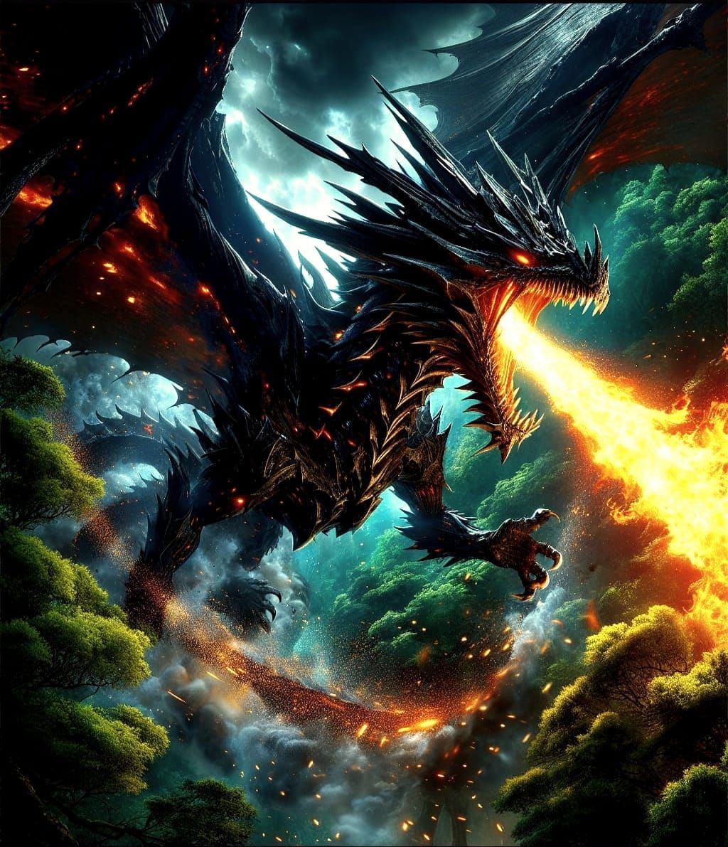 Menacing Dragon Unleashes Fire in Dark Fantasy Anime Scene