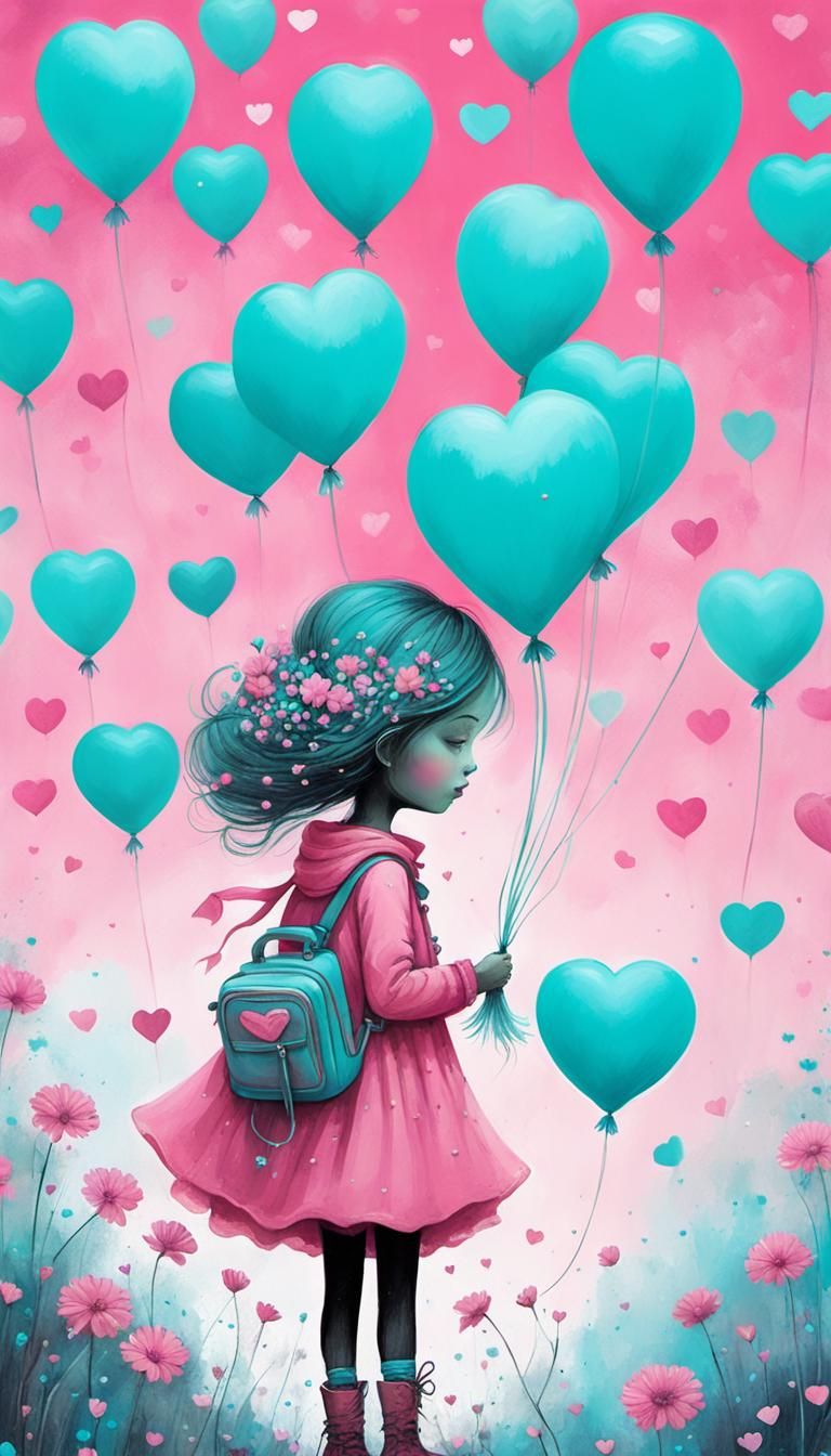 Girl with Turquoise Balloons in Pastel Pink Illustration