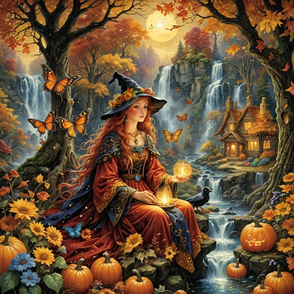 Autumn Fairy Sorceress Casting Spells in Fantasy Landscape