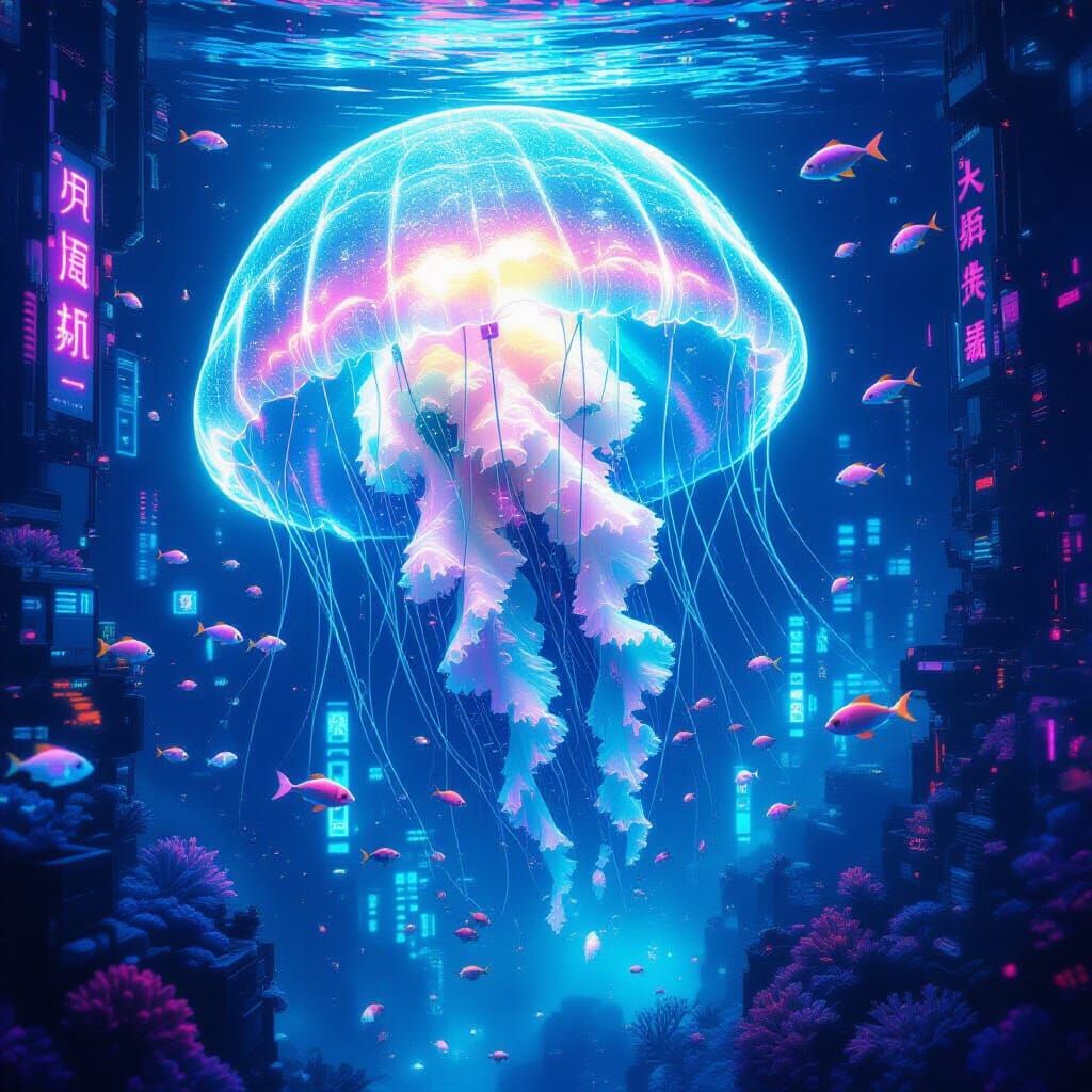 Bioluminescent Jellyfish in Underwater Cyberpunk City