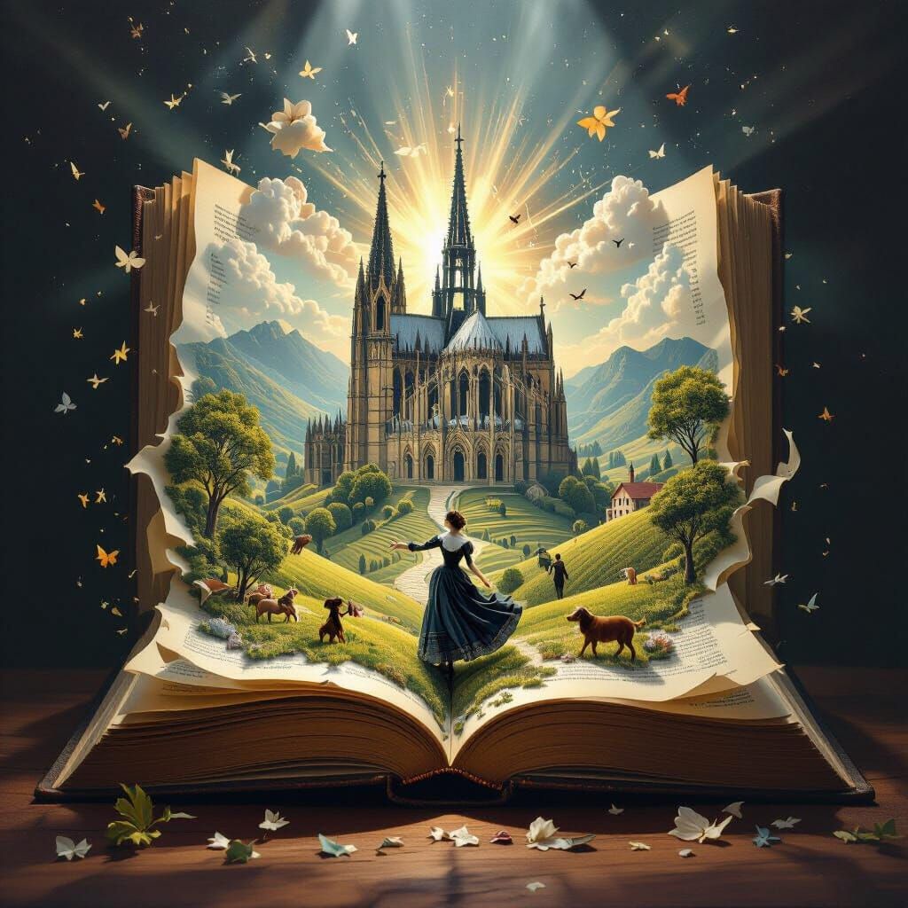 Open Book Transforms into Surreal 3D Gothic Landscape