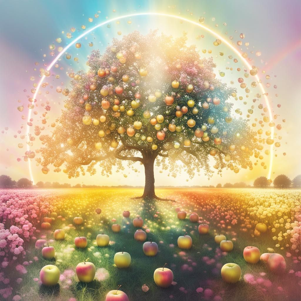 Golden Apple Tree in Rainbow Flower Field