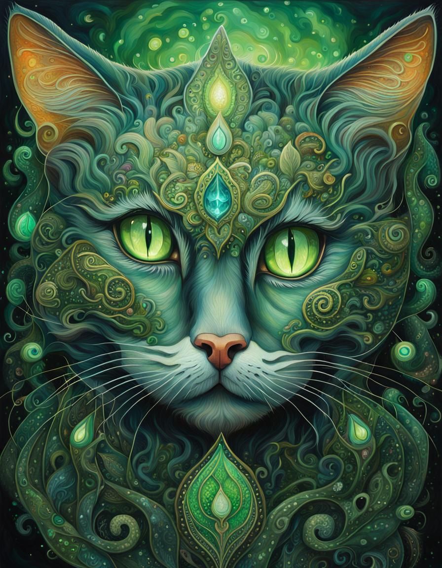 Mystic Cat Portrait with Paisley Patterns as Oil Painting