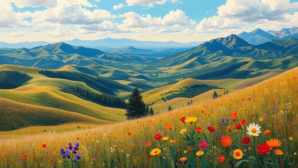 Dreamlike Landscape Painting with Rolling Hills