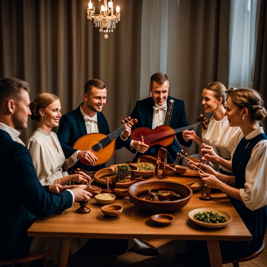 Latvian Musicians Play Traditional Music at Dinner