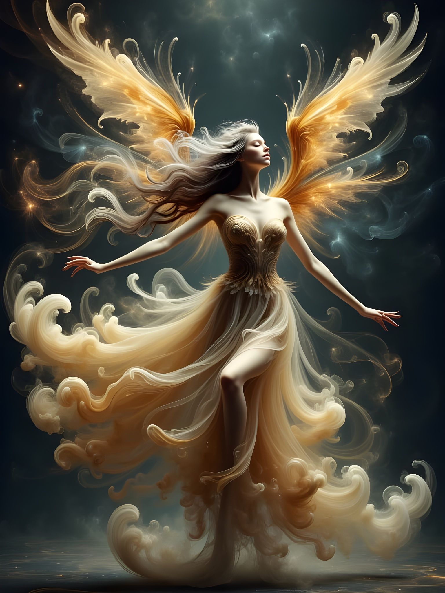 Ethereal Gothic Ballerina Dances Among Swirling Galaxies