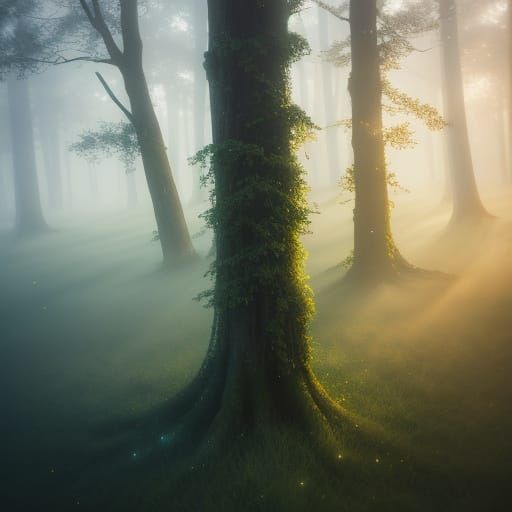 Ethereal Mist Surrounds Tree in Digital Art