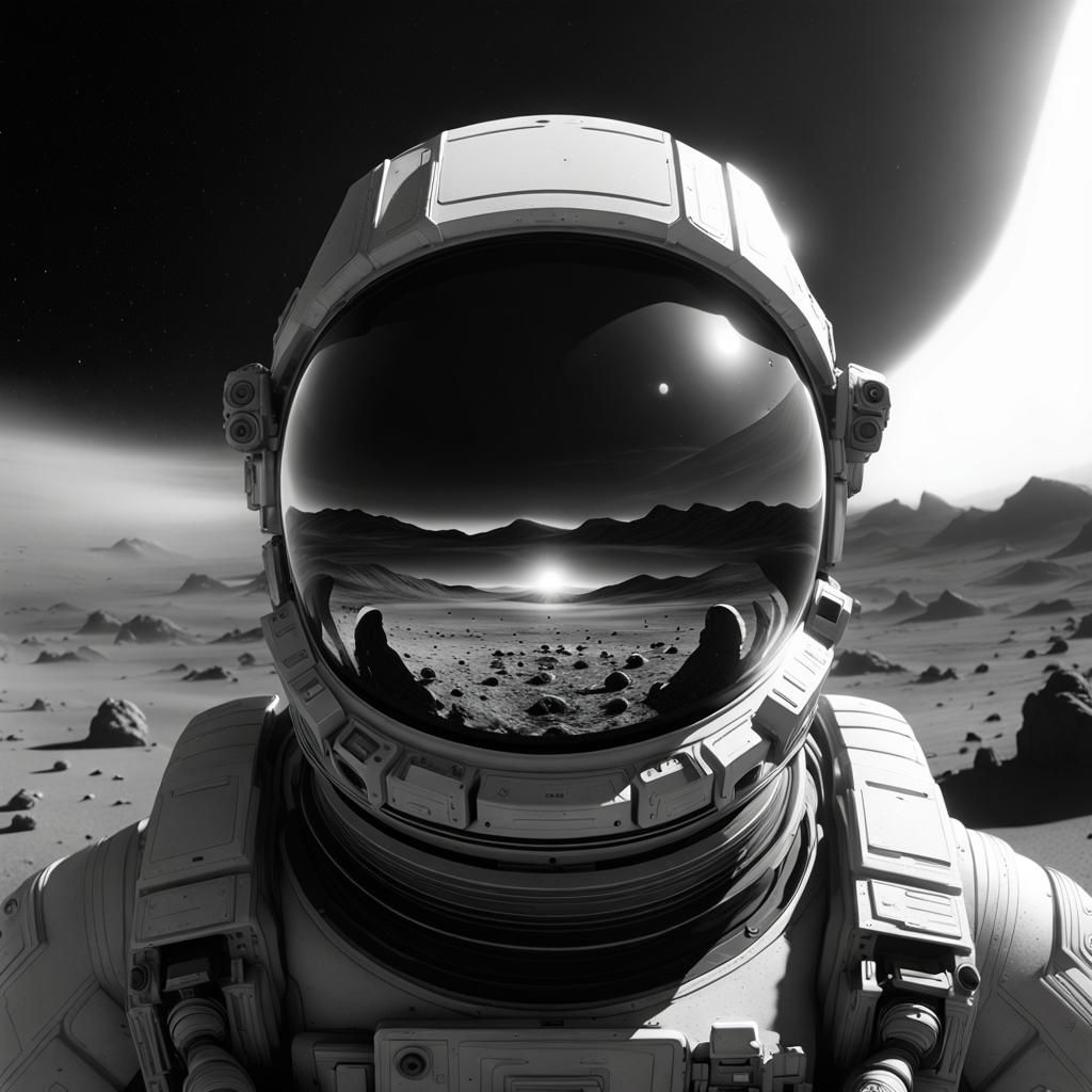 Astronaut Visor Reflects Distant Explosion on Barren Planet