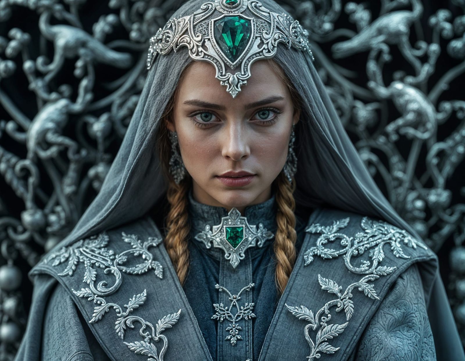 Regal Princess Seated on Frosty Throne in Ceremonial Grey