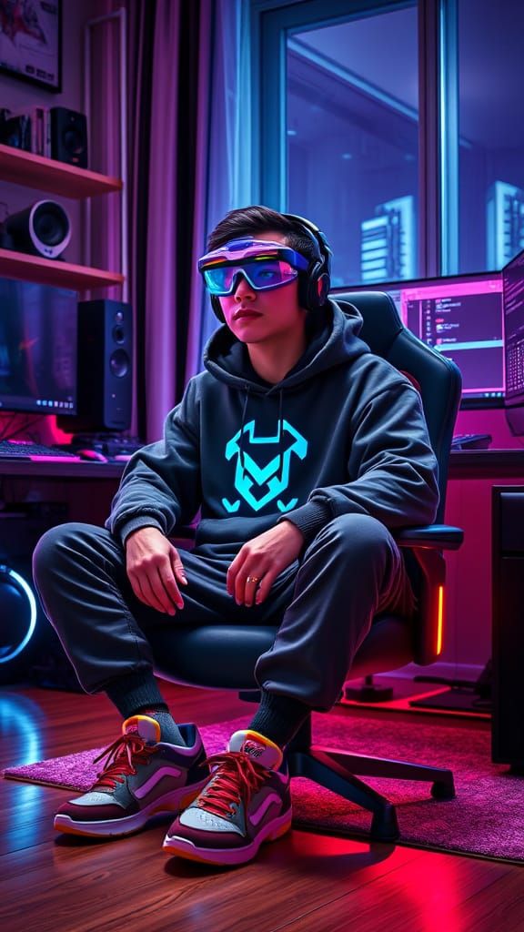Futuristic Esports Pro in Neon-Lit Shanghai Apartment