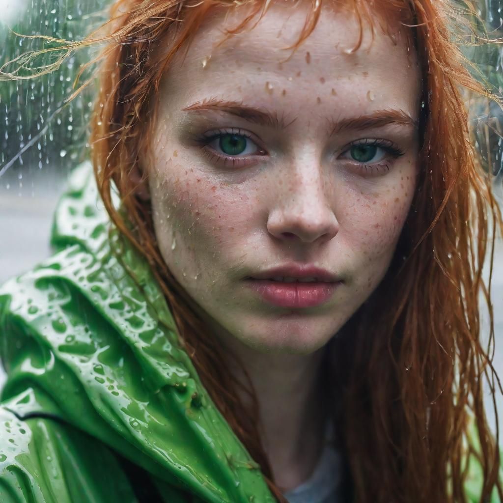 Redhead Woman in Rainy Close-Up Portrait