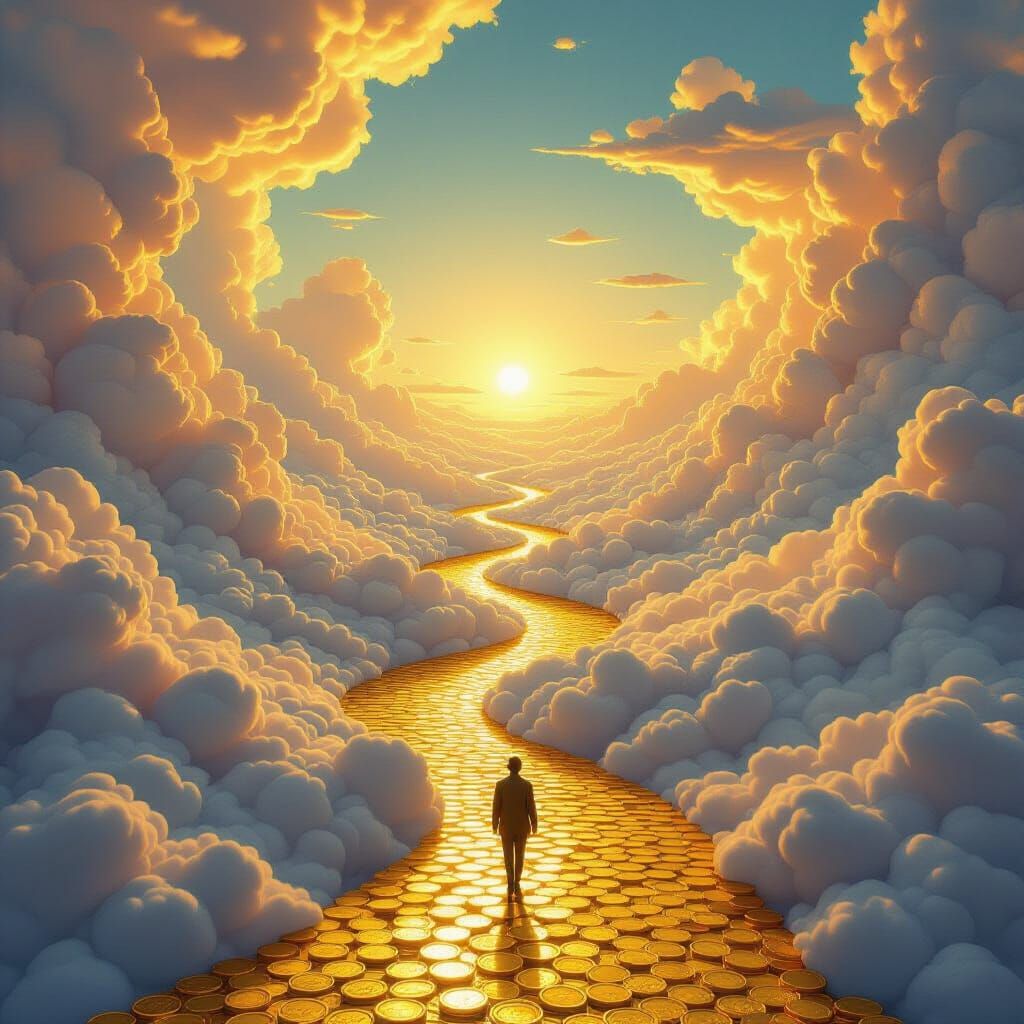 Surreal Dreamscape: Money Clouds & Gold Rivers