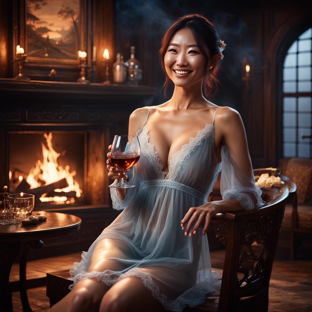 Japanese Woman Sipping Brandy by Fireplace