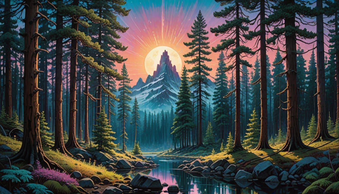 Iridescent Crystal Forest at Dusk, Watercolor Moonlight Art
