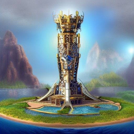 Robotic Fantasy Island Tower: Detailed Matte Painting