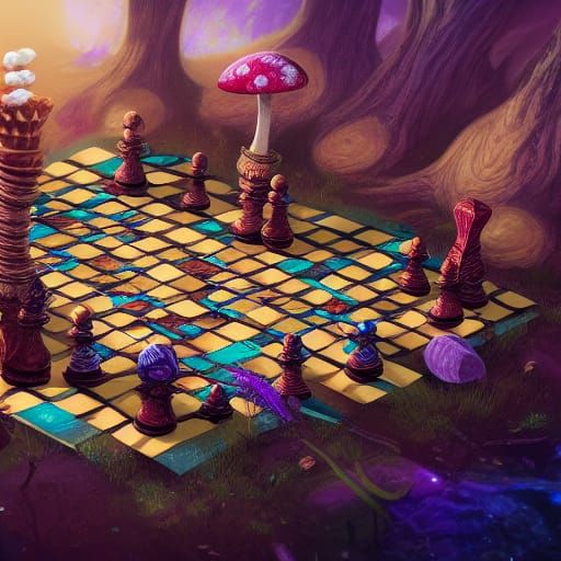 Magic Mushroom Chess in Detailed Matte Painting Style