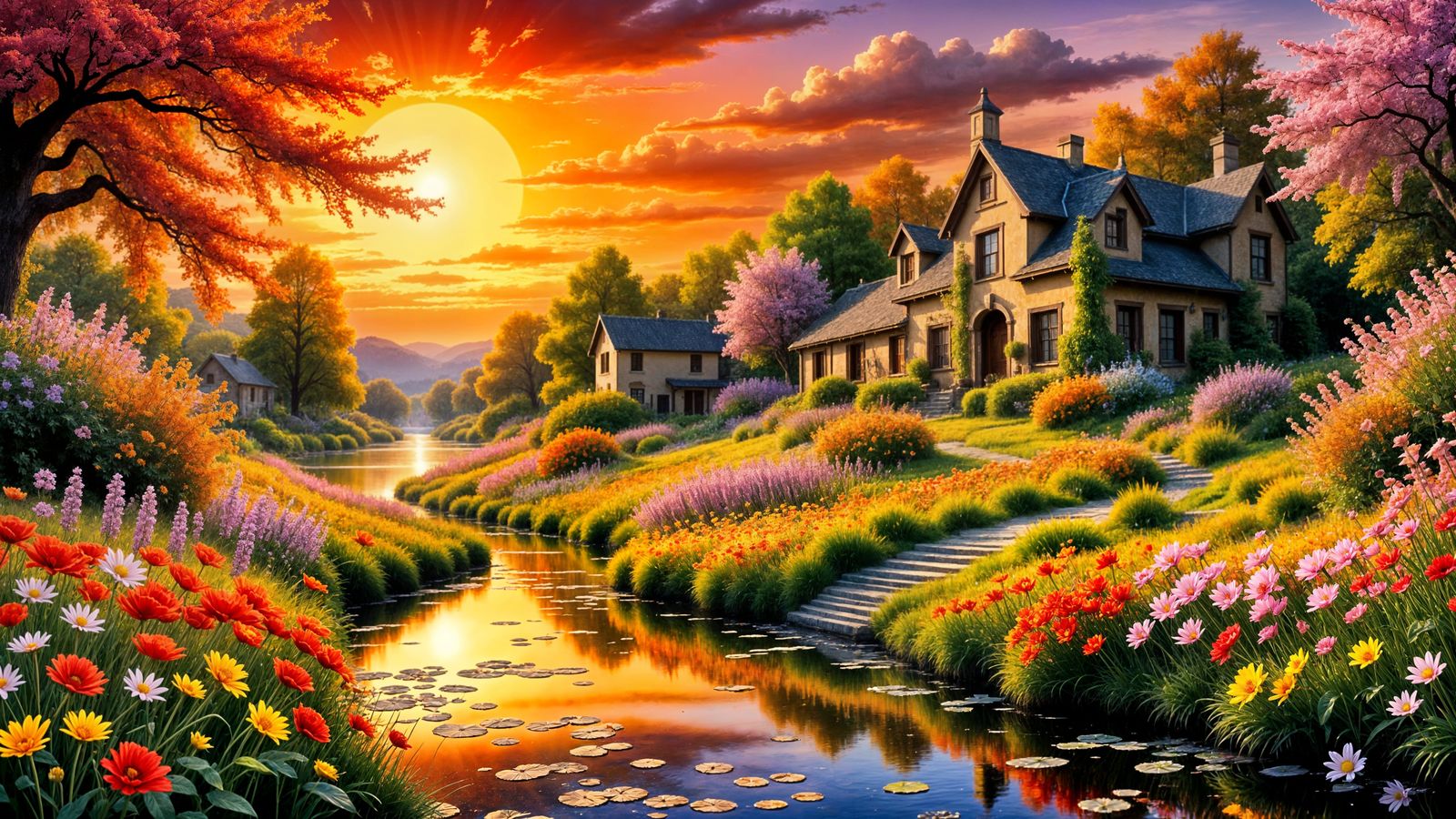 Romantic Sunset Garden with Lily Pond and Cottages