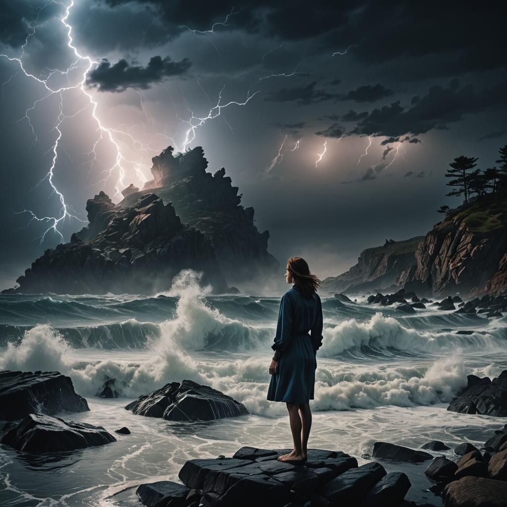 Eerie Surrealism: Woman on Shore During Storm
