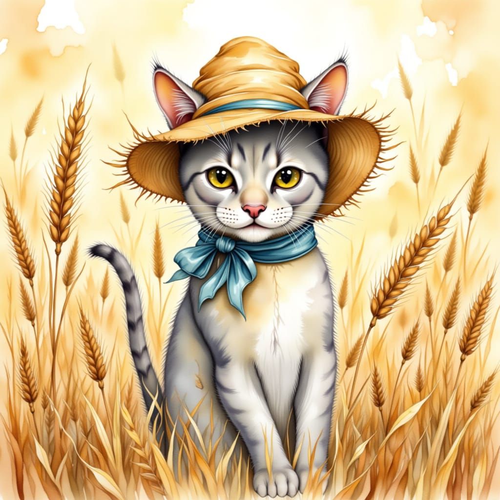 Whimsical Cat in Wheat Field Watercolor Painting