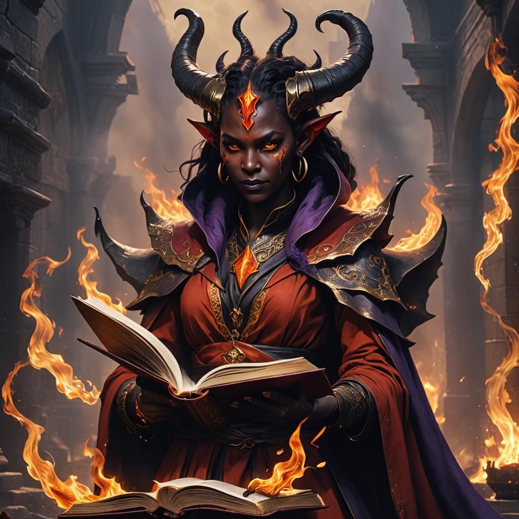 Tiefling Sorceress with Spellbook, Fantasy Concept Art