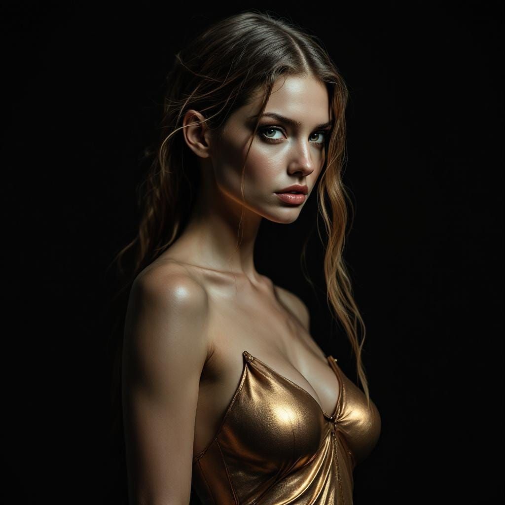 Dramatic Clay Woman in Gold Dress, Renaissance Style