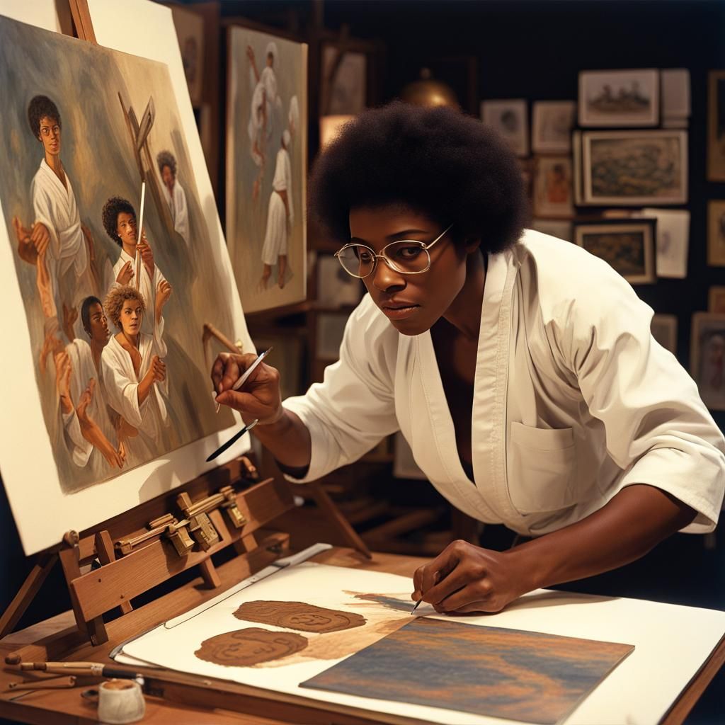 Martial Arts Students Sketching at Museum, Detailed Matte Pa...