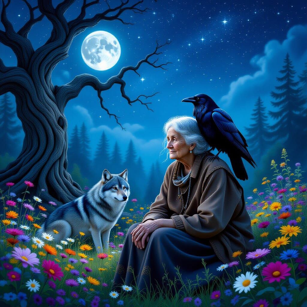 Old Woman with Raven, Wolf in Moonlit Garden