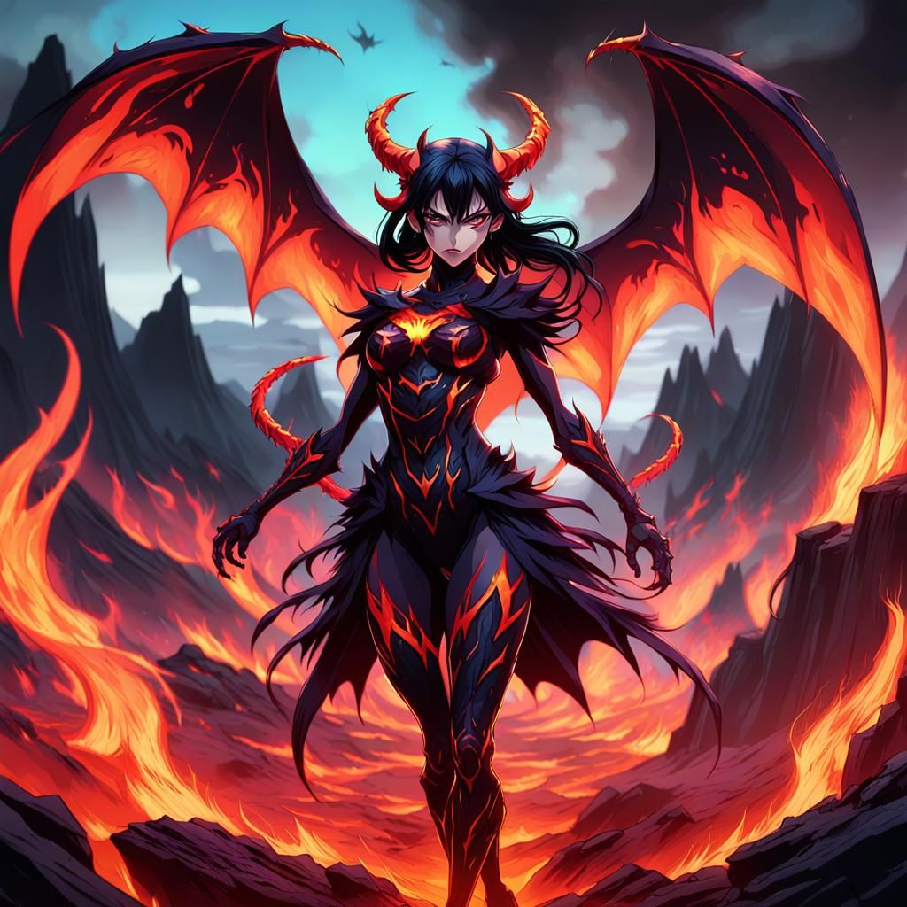 Devil Girl in Hellish Landscape, Anime Style