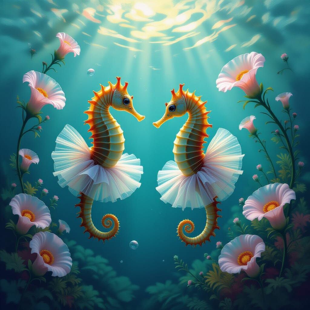 Seahorses' Surreal Ballet in Bioluminescent Garden