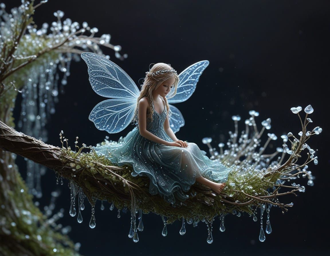 Tiny Fairy with Dewdrop Hair and Glass Dress on Bioluminesce...