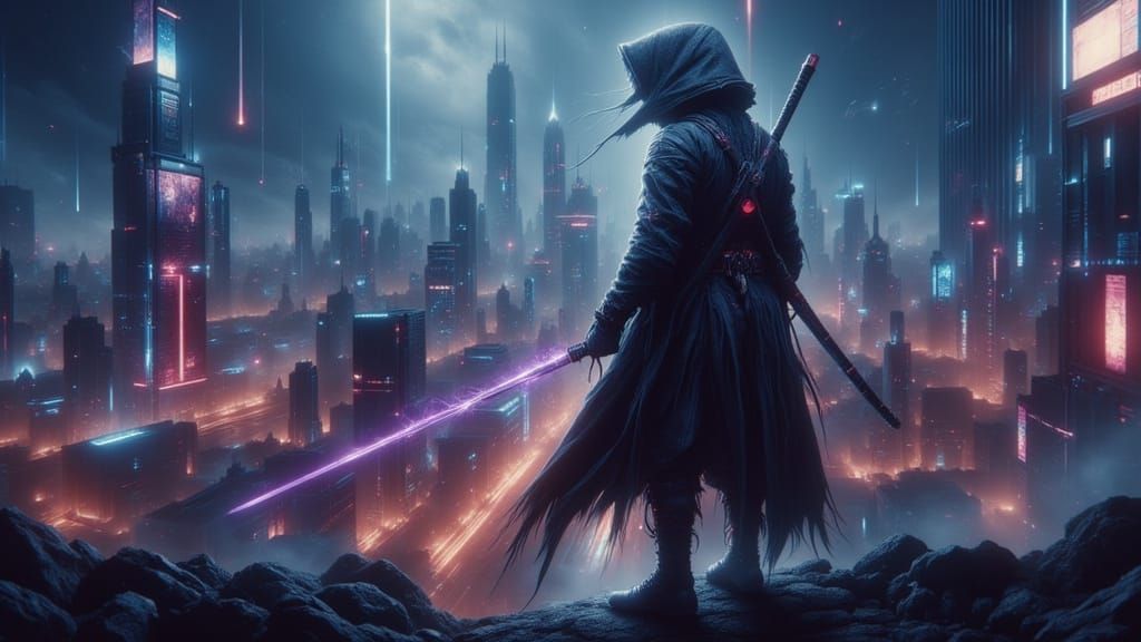 Cyberpunk Samurai with Energy Katana in Neon Cityscape