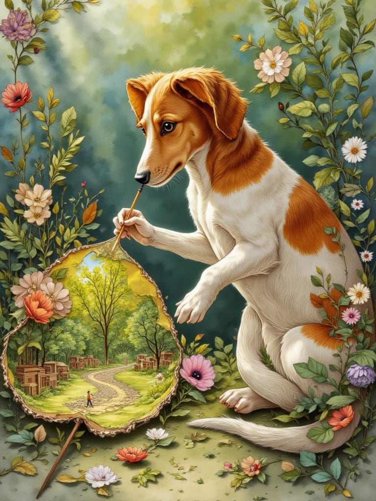 Art Nouveau Dog Paints Miniature Landscape on Leaf