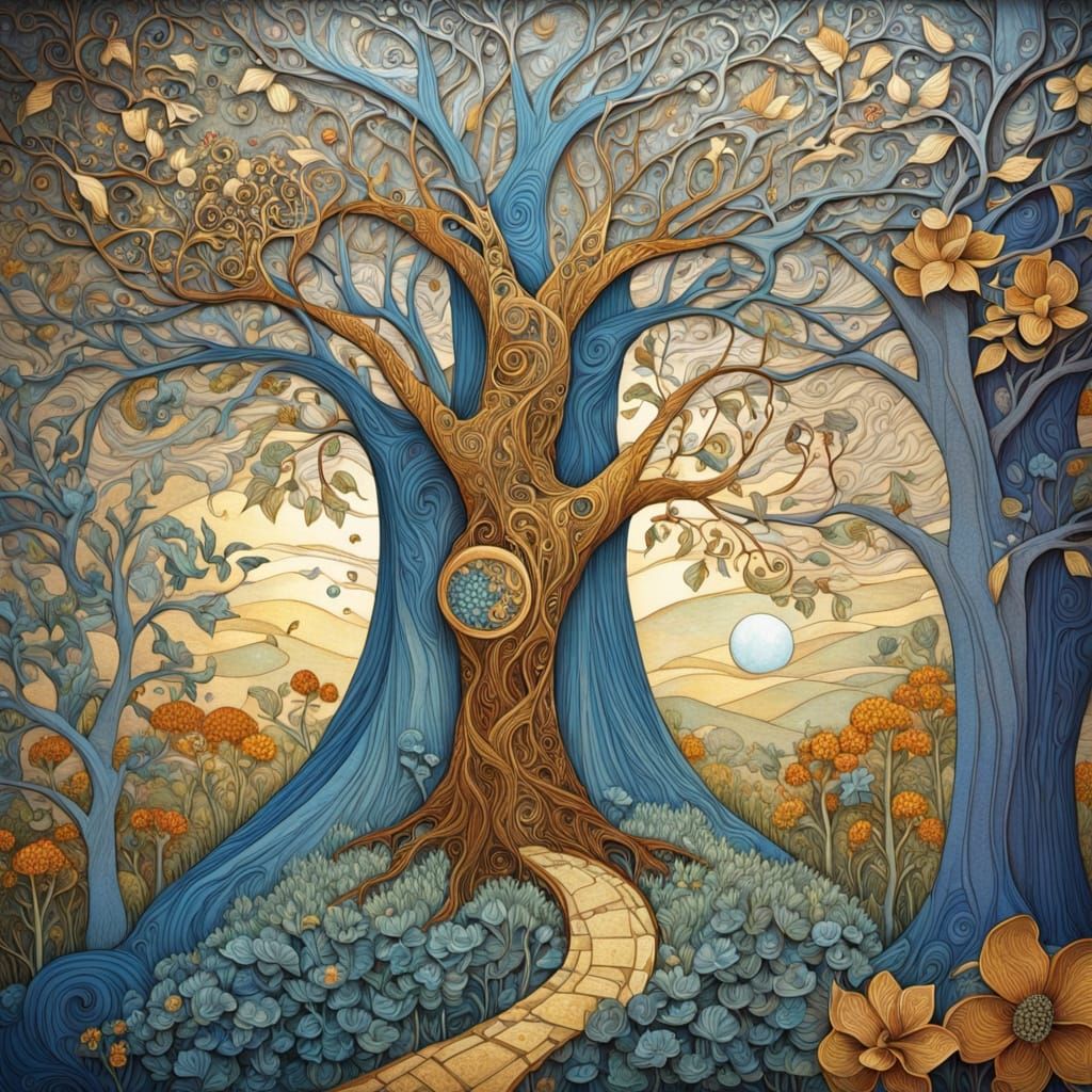 Surreal Summer Landscape with Intricate Floral Details and S...