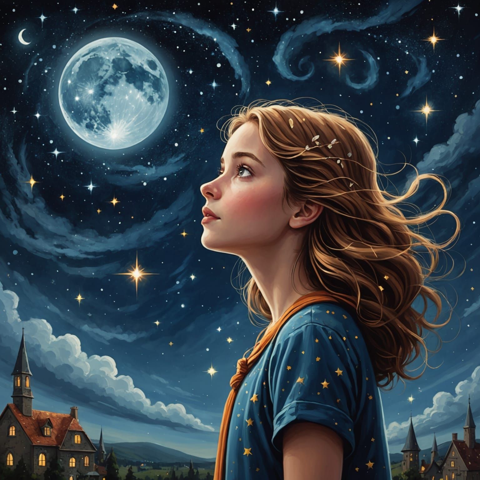 Girl Gazing at Stunning Celestial Sky in Comic Art