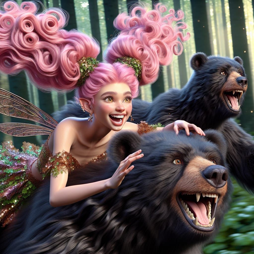 Enchanting Forest Fairy Rides a Black Bear