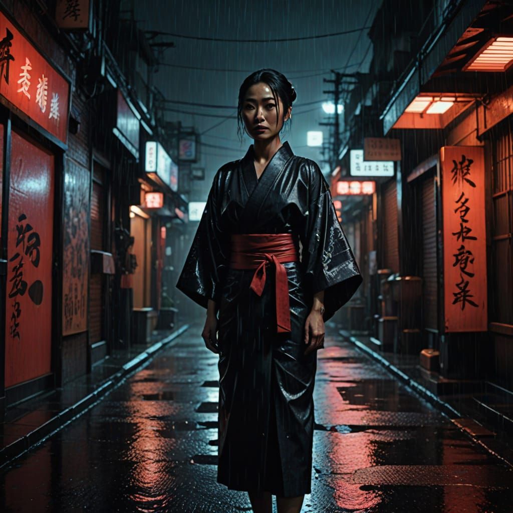 Asian Woman in Neo-Noir Alleyway