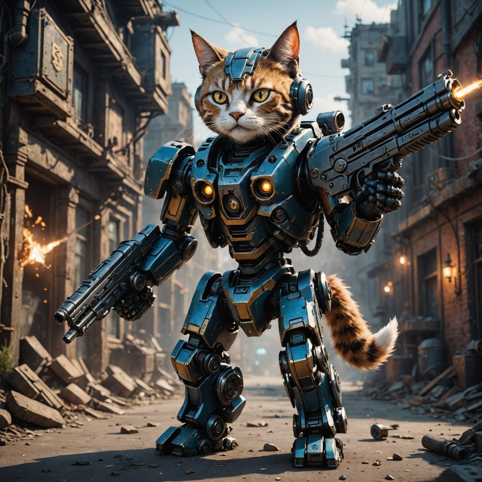 Fantastical Robot Cat Wields Gun in Deep, Detailed Landscape