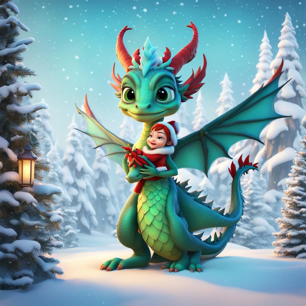 Full body image of a Disney Pixar style 3D strikingly beautiful Christmas woman fairy, with her baby dragon, in a beauti...