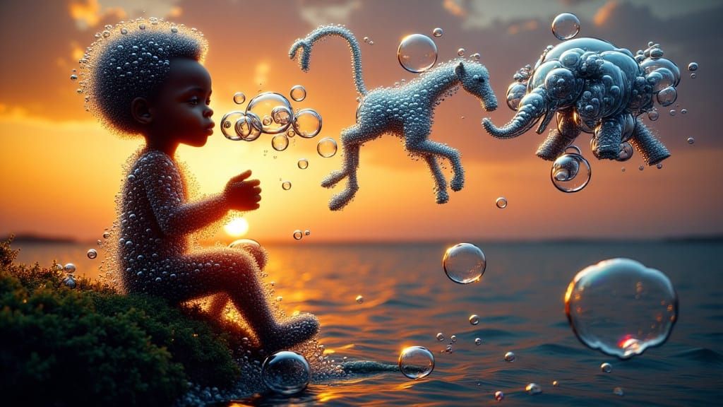 African Boy Blowing Monkey, Giraffe, Elephant Bubbles at Sun...