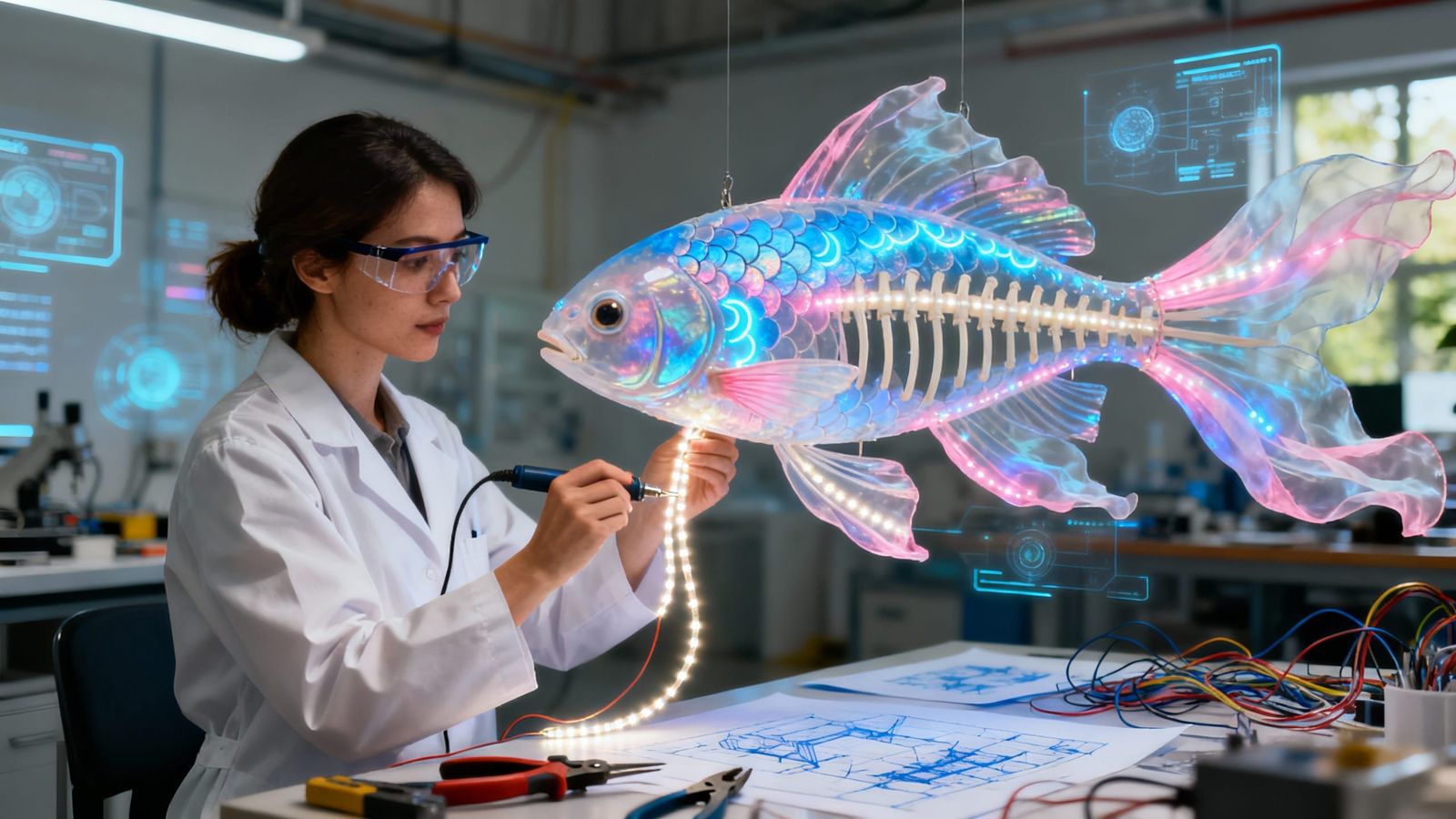 Surreal Floating Fish Construction, Photorealistic