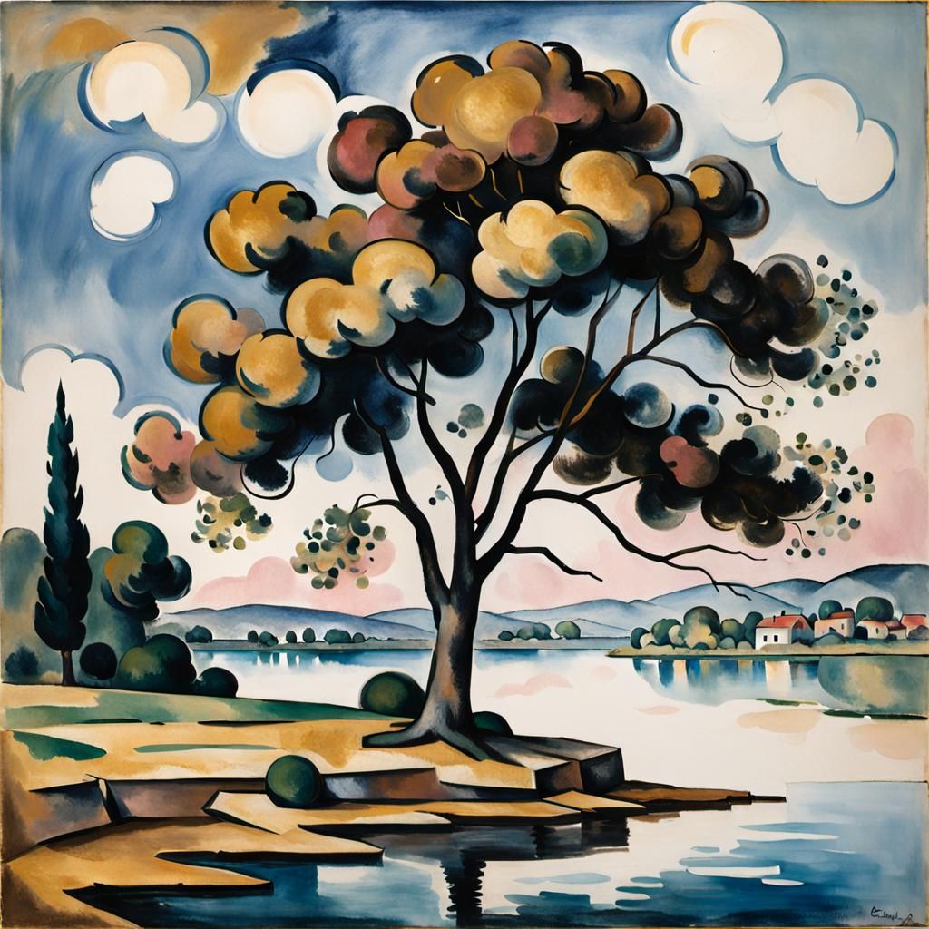Cezanne Style Tree Near Water Painting