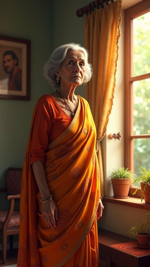 Elegant Elderly Lady in Saree: Pixar-Inspired Digital Art